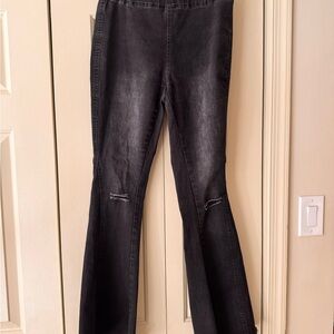 Black Distressed Stretch Flared Jeans about Sz 4 S/M Elastic Waist